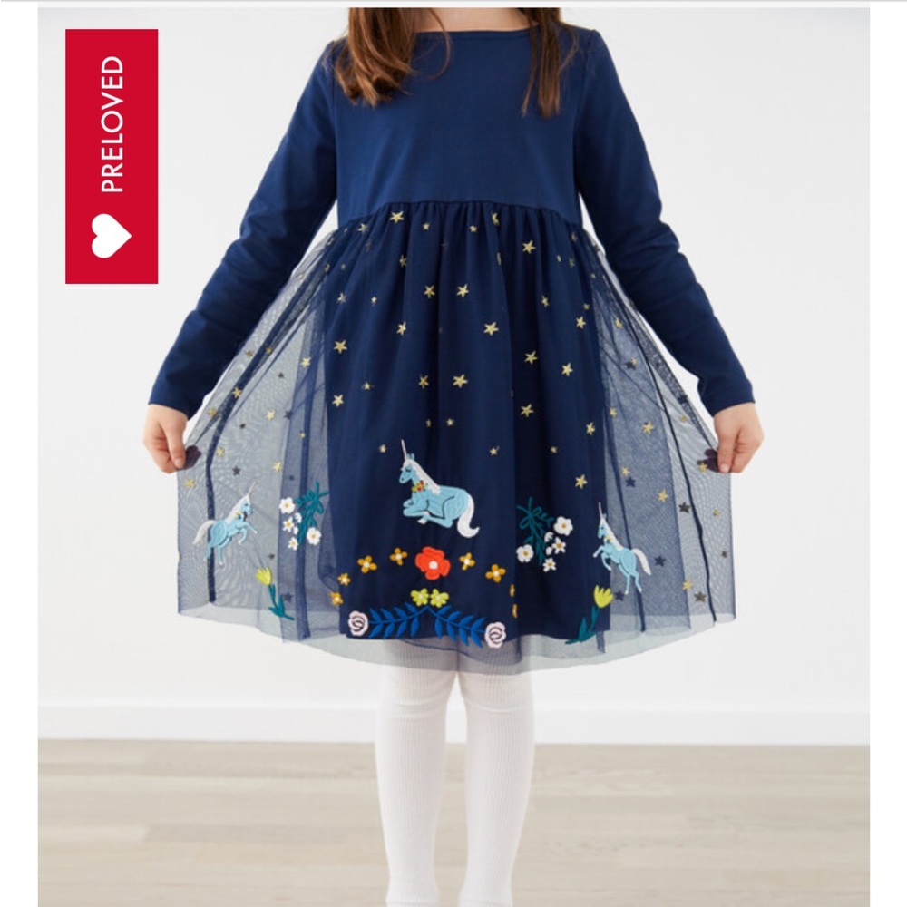 • Hanna Andersson •  Long Sleeve Tulle Dress Stars Unicorn Flowers Navy Blue